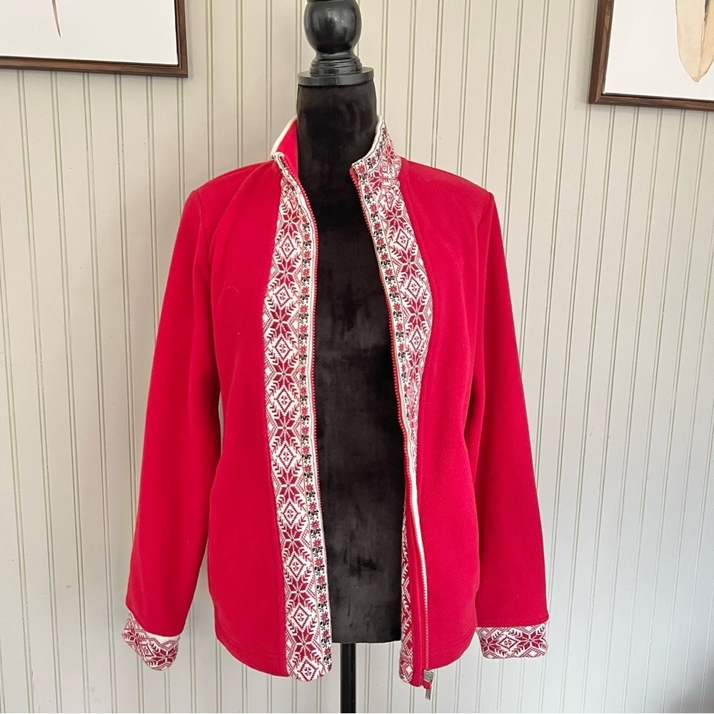 L.L. Bean Red Fleece Apres Ski Floral Trim Jacket